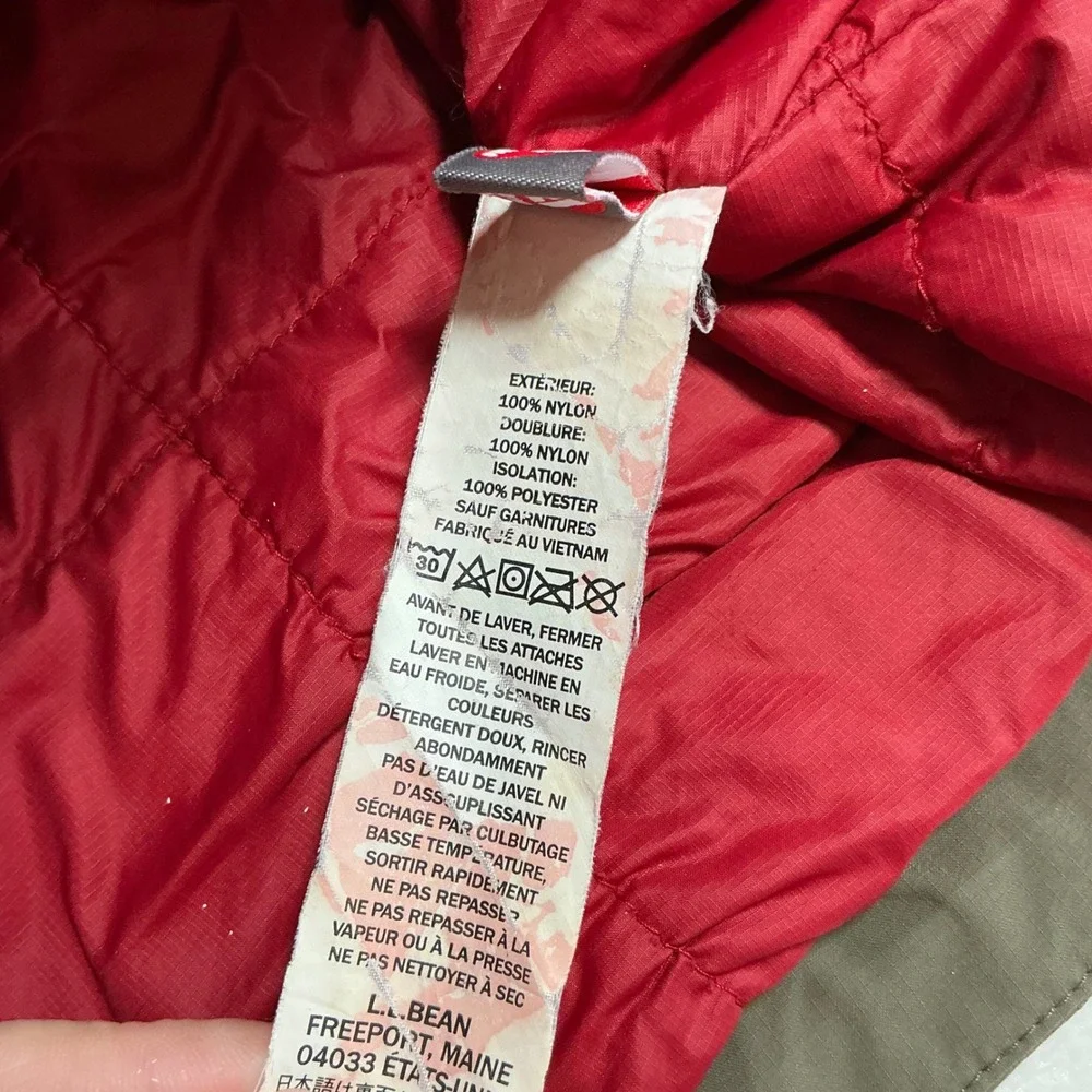 LL Bean Mens TEK2.5 Insulated Hooded Jacket Olive Green Red Lining XXL REG